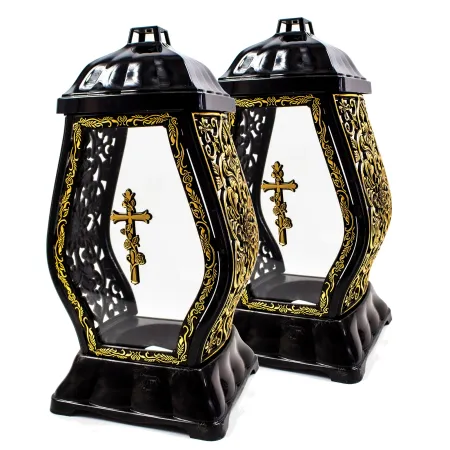 Zestaw 2 Zniczy Kapliczka Nagrobna ze złotymi Krzyżem i zdobieniami Elegancki Lampion Pamięci